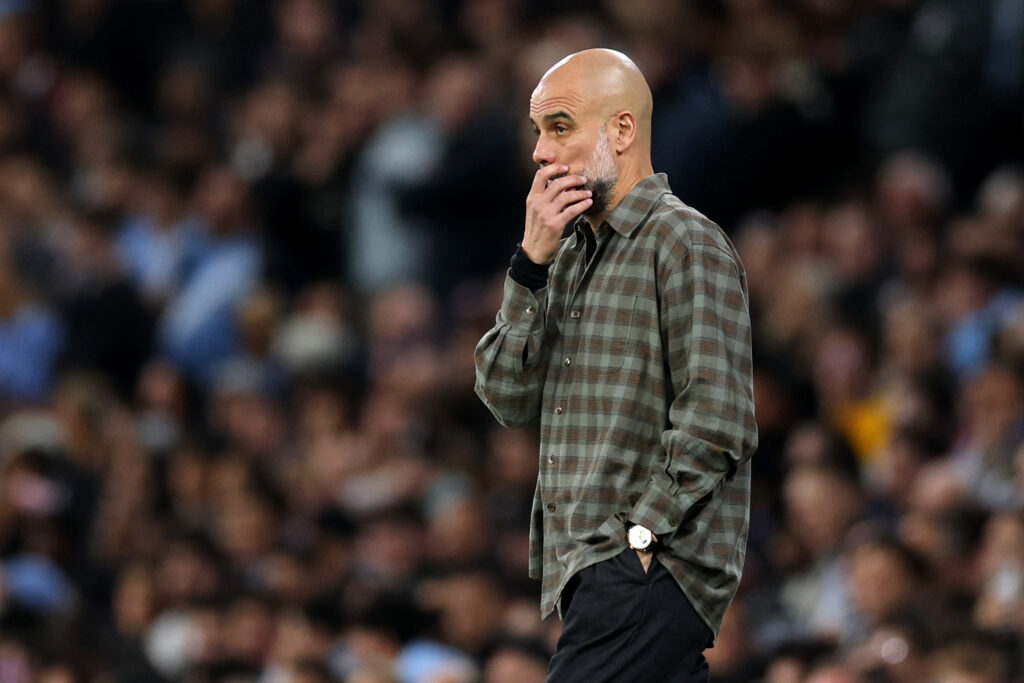 MANCHESTER, ENGLAND - MARCH 17: Pep Guardiola, Manager of Manchester City, looks on during the UEFA Champions League 2025/26 Round of 16 Second Leg match between Manchester City FC and Real Madrid CF at City of Manchester Stadium on March 17, 2026 in Manchester, England. (Photo by Michael Regan/Getty Images)