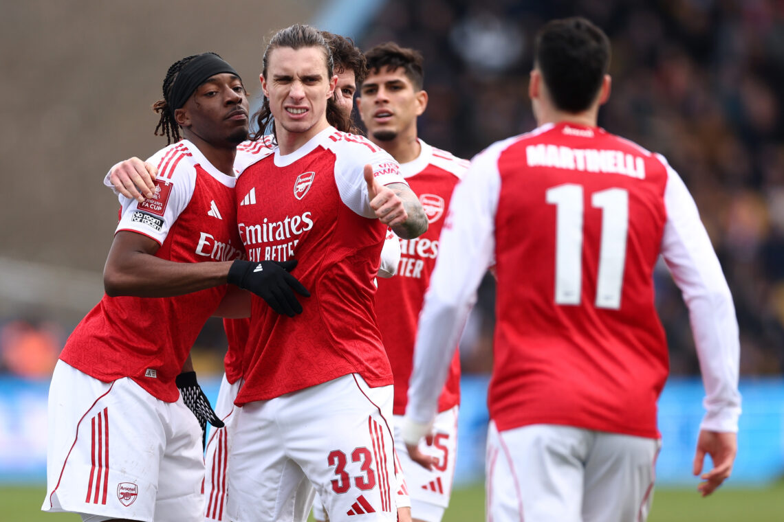 MANSFIELD, ENGLAND - MARCH 07: Noni Madueke of Arsenal celebrates scoring his team's first goal with teammates during the Emirates FA Cup Fifth Rou...
