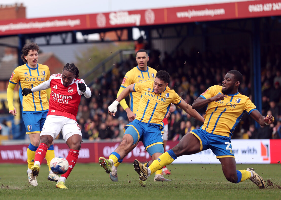 MANSFIELD, ENGLAND - MARCH 07: Eberechi Eze of Arsenal scores his team's second goal during the Emirates FA Cup Fifth Round match between Mansfield...