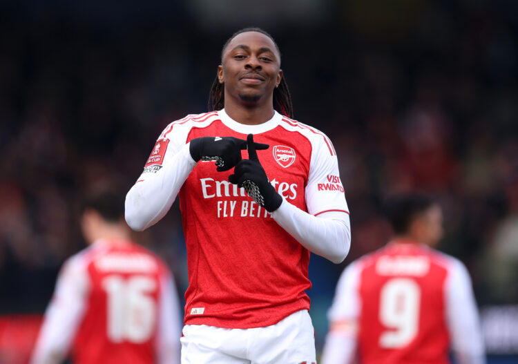 MANSFIELD, ENGLAND - MARCH 07: Eberechi Eze of Arsenal celebrates scoring his team's second goal during the Emirates FA Cup Fifth Round match betwe...