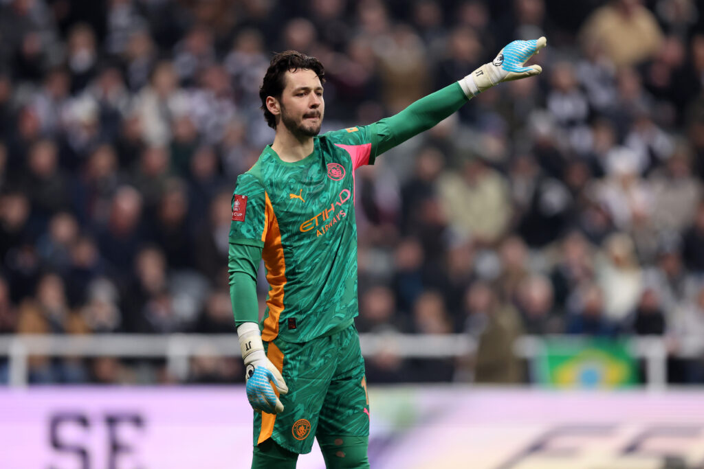 NEWCASTLE UPON TYNE, ENGLAND - MARCH 07: James Trafford of Manchester City reacts during the Emirates FA Cup Fifth Round match between Newcastle United and Manchester City on March 07, 2026 in Newcastle upon Tyne, England. (Photo by George Wood/Getty Images)