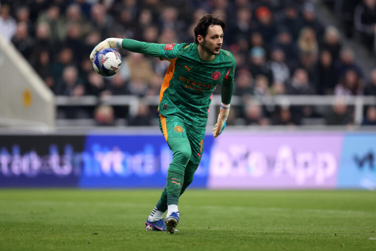 NEWCASTLE UPON TYNE, ENGLAND - MARCH 07: James Trafford of Manchester City rolls the ball during the Emirates FA Cup Fifth Round match between Newc...