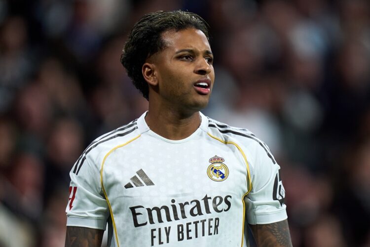 Rodrygo Goes of Real Madrid looks on during the LaLiga EA Sports match between Real Madrid CF and Getafe CF at Estadio Santiago Bernabeu on March 0...