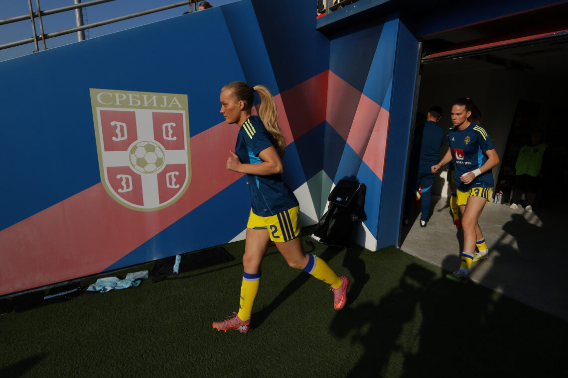 STARA PAZOVA, SERBIA - MARCH 07: Smilla Holmberg of Sweden makes her way out to warm up prior to the 2027 FIFA Women's World Cup Qualifier between ...