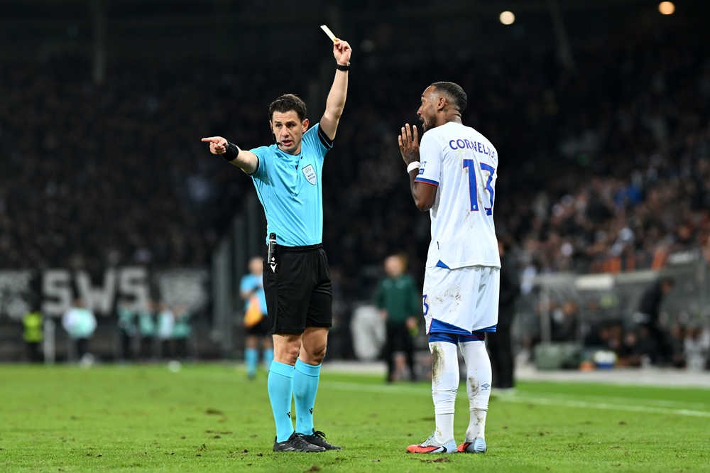 Leverkusen-Arsenal ref receives 1st Champions League game this season 2 Referee Umut Meler shows a yellow card to Derek Cornelius of Rangers during the UEFA Europa League 2025/26 League Phase MD2 match between SK Sturm Graz and Rangers FC at Woerthersee Stadion on October 02, 2025 in Graz, Austria. (Photo by Christian Bruna/Getty Images)