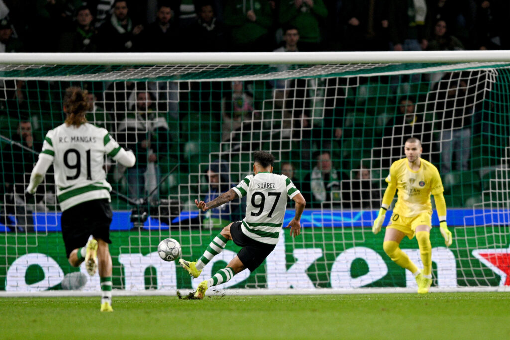 LISBON, PORTUGAL - JANUARY 20: Luis Suarez of Sporting Clube de Portugal misses a chance during the UEFA Champions League 2025/26 League Phase MD7 match between Sporting Clube de Portugal and Paris Saint-Germain at Estadio Jose Alvalade on January 20, 2026 in Lisbon, Portugal. (Photo by Octavio Passos/Getty Images)