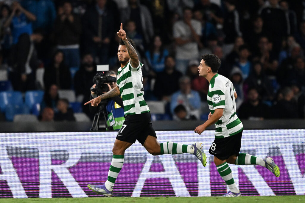 NAPLES, ITALY - OCTOBER 01: Luis Suarez of Sporting Clube de Portugal celebrates after scoring his side first goal during the UEFA Champions League 2025/26 League Phase MD2 match between SSC Napoli and Sporting Clube de Portugal at Stadio Diego Armando Maradona on October 01, 2025 in Naples, Italy. (Photo by Francesco Pecoraro/Getty Images)