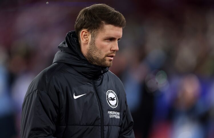 Fabian Hurzeler, Manager of Brighton & Hove Albion reacts during the Premier League match between West Ham United and Brighton & Hove Albion at Lon...