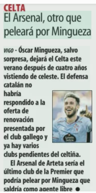 Mundo Deportivo small article clip claiming Arsenal are interested in Oscar Mingueza