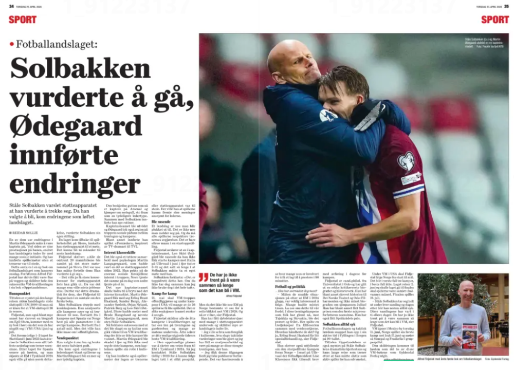 Double-page newspaper sports spread in Norwegian about the men’s national football team. The left page is mostly text on a white background with a large, bold headline reading “Solbakken vurderte å gå, Ødegaard innførte endringer,” and a smaller subheading explaining that the coach considered resigning before staying and introducing changes that lifted the team. Below the headline are several narrow columns of body text in black, laid out in standard newspaper style, with a byline crediting the journalist and reference to a new book about the team.