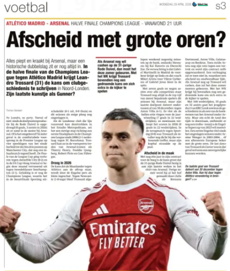 A Het Belang van Limburg newspaper article about Leandro Trossard’s Arsenal future, headlined “Farewell with big ears?”, with the Belgian forward pictured in an Arsenal shirt beneath the Champions League semi-final billing for Atletico Madrid v Arsenal.