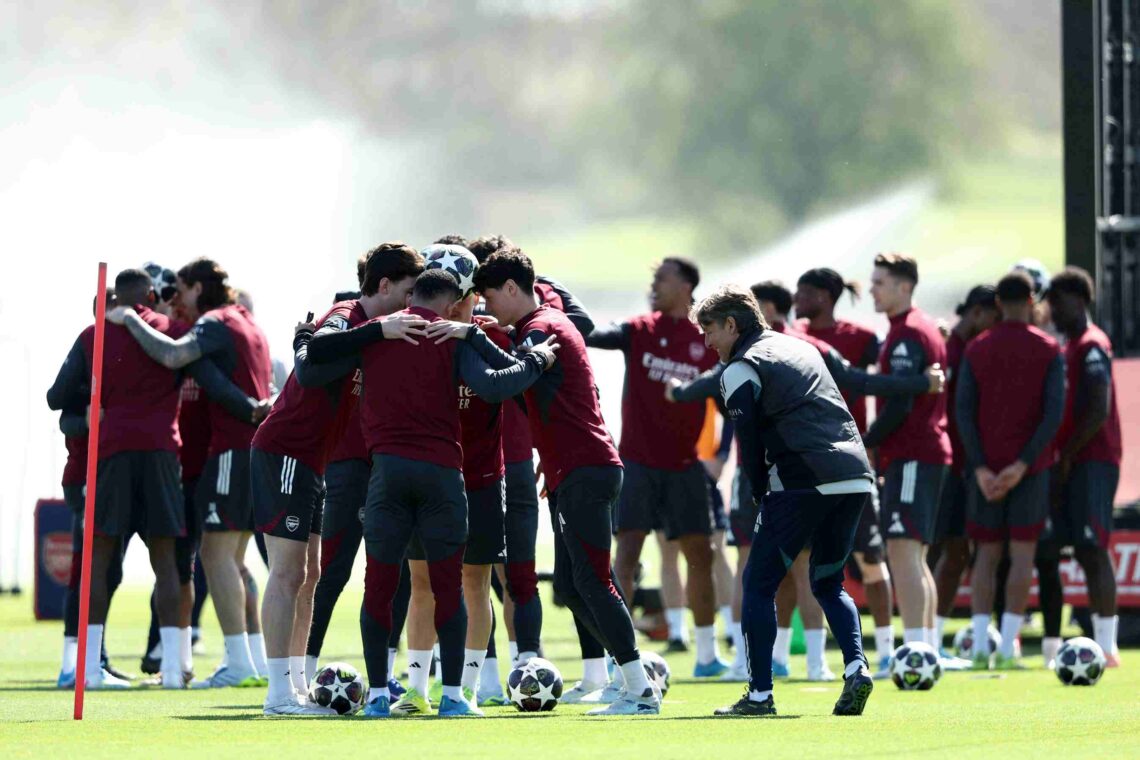 LONDON COLNEY, ENGLAND - APRIL 06: Declan Rice, William Saliba, Christian Norgaard and Gabriel Jesus of Arsenal during a Training Session at Sobha ...