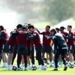 LONDON COLNEY, ENGLAND - APRIL 06: Declan Rice, William Saliba, Christian Norgaard and Gabriel Jesus of Arsenal during a Training Session at Sobha Realty Training Centre on April 06, 2026 in London Colney, England. (Photo by James Fearn/Getty Images)