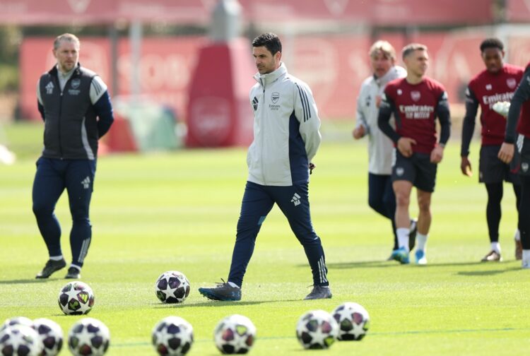 Mikel Arteta, Manager of Arsenal, looks on during a training session at Sobha Realty Training Centre on April 14, 2026 in London Colney, England. (...