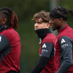 Ebere Eze, Max Dowman and Noni Madueke in training