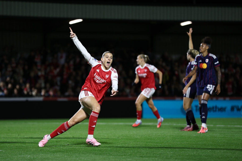 BOREHAMWOOD, ENGLAND - OCTOBER 07: Alessia Russo of Arsenal celebrates scoring her team's first goal during the UEFA Women's Champions League 2025/26 league phase match between Arsenal FC and OL Lyonnes at Meadow Park on October 07, 2025 in Borehamwood, England. (Photo by James Fearn/Getty Images)
