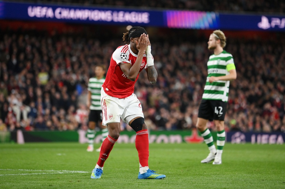 Arsenal face fresh injury concern pre-Manchester City clash 4 Noni Madueke of Arsenal reacts after a missed chance during the UEFA Champions League 2025/26 Quarter-Final Second Leg match between Arsenal FC and Sporting Clube de Portugal at Arsenal Stadium on April 15, 2026 in London, England. (Photo by Mike Hewitt/Getty Images)