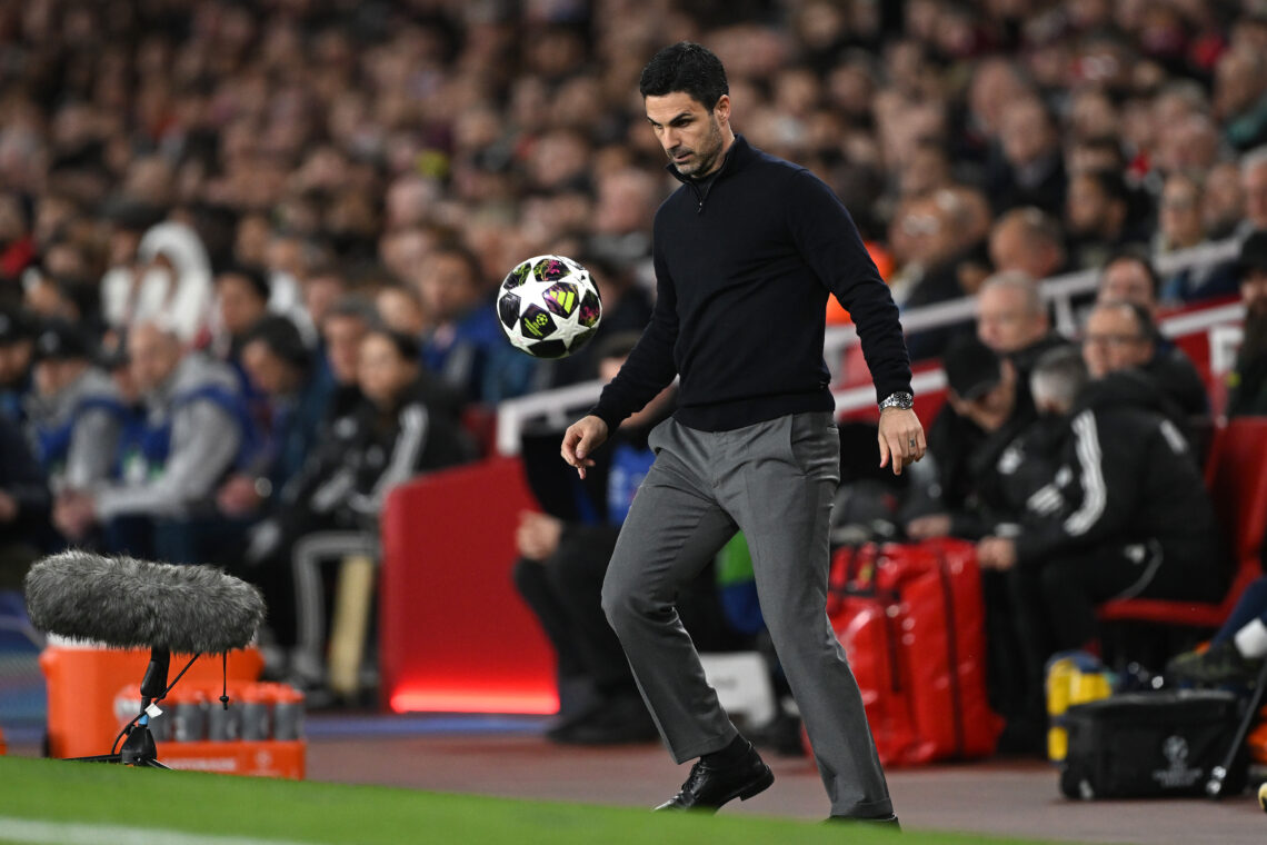 LONDON, ENGLAND - APRIL 15: Arsenal head Coach Mikel Arteta controls the ball during the UEFA Champions League 2025/26 Quarter-Final Second Leg mat...