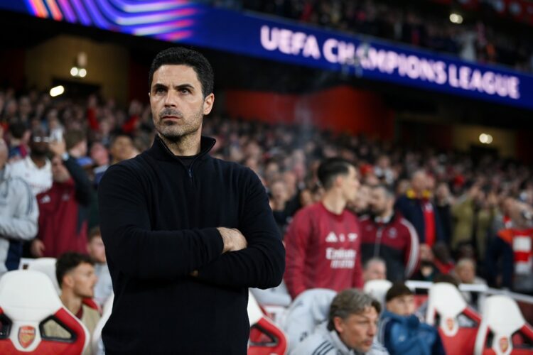 Mikel Arteta, Manager of Arsenal, looks on prior to the UEFA Champions League 2025/26 Quarter-Final Second Leg match between Arsenal FC and Sportin...