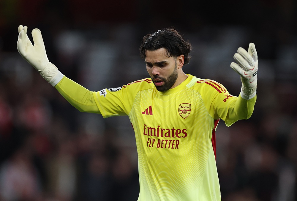 David Raya of Arsenal reacts during the UEFA Champions League 2025/26 Quarter-Final Second Leg match between Arsenal FC and Sporting Clube de Portu...