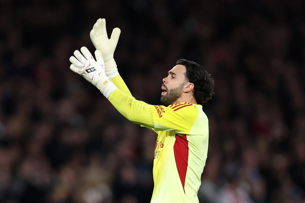 David Raya of Arsenal reacts during the UEFA Champions League 2025/26 Quarter-Final Second Leg match between Arsenal FC and Sporting Clube de Portugal at Arsenal Stadium on April 15, 2026 in London, England. (Photo by Justin Setterfield/Getty Images)