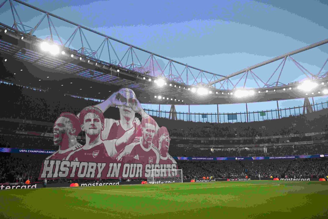 LONDON, ENGLAND - APRIL 15: Arsenal unveils a huge banner behind the goal prior to the the UEFA Champions League 2025/26 Quarter-Final Second Leg m...