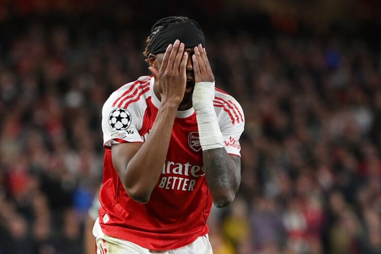 Noni Madueke of Arsenal reacts after a missed chance during the UEFA Champions League 2025/26 Quarter-Final Second Leg match between Arsenal FC and...