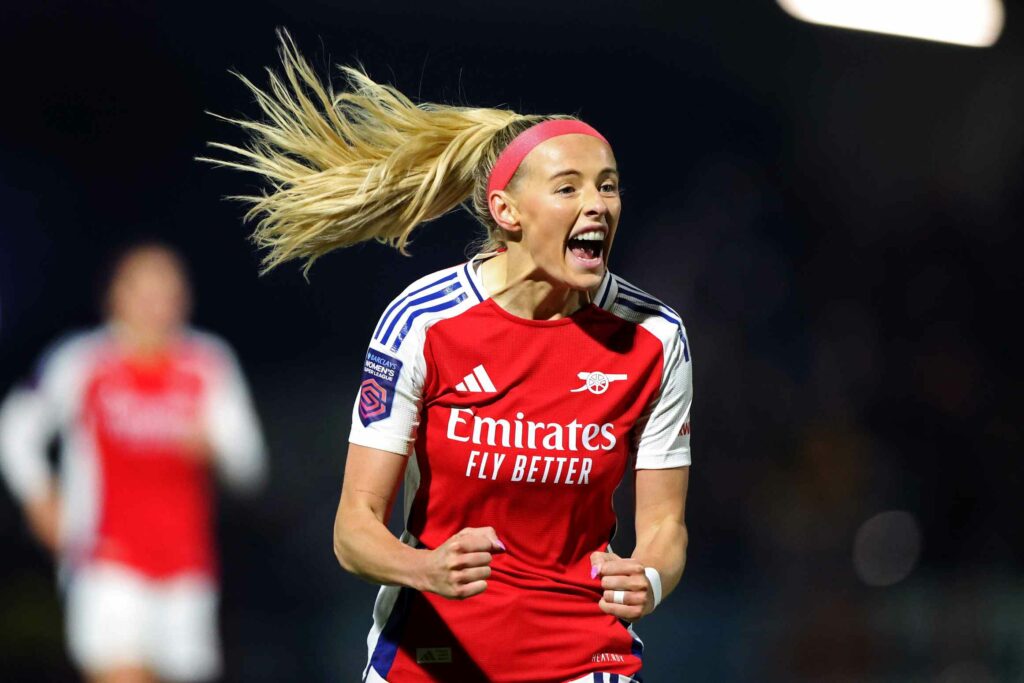 BOREHAMWOOD, ENGLAND - MARCH 02: Chloe Kelly of Arsenal celebrates the awarding of a penalty during the Barclays Women's Super League match between Arsenal FC and West Ham United FC at Mangata Pay UK Stadium on March 02, 2025 in Borehamwood, England. (Photo by Alex Pantling/Getty Images)