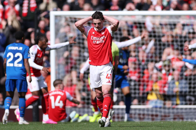 LONDON, ENGLAND - APRIL 11: Declan Rice of Arsenal reacts during the Premier League match between Arsenal and Bournemouth at Emirates Stadium on Ap...