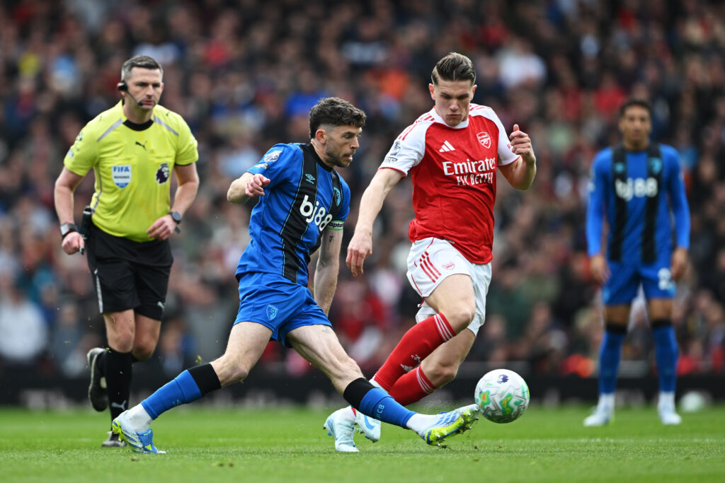 LONDON, ENGLAND - APRIL 11: Ryan Christie of AFC Bournemouth passes the ball while under pressure from Viktor Gyoekeres of Arsenal during the Premier League match between Arsenal and Bournemouth at Emirates Stadium on April 11, 2026 in London, England. (Photo by Shaun Botterill/Getty Images)