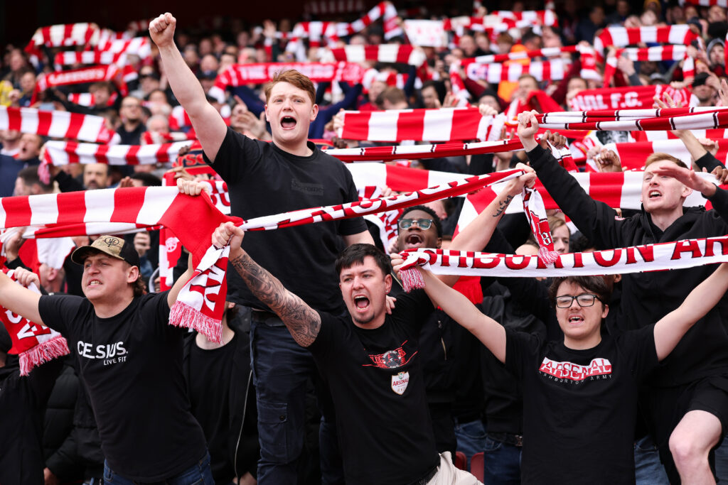 LONDON, ENGLAND - APRIL 11: Fans of Arsenal show their support prior to the Premier League match between Arsenal and Bournemouth at Emirates Stadium on April 11, 2026 in London, England. (Photo by Justin Setterfield/Getty Images)