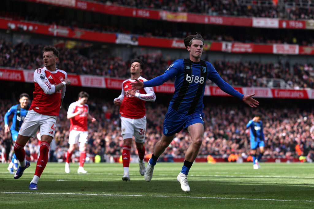 LONDON, ENGLAND - APRIL 11: Alex Scott of AFC Bournemouth celebrates scoring his team's second goal during the Premier League match between Arsenal and Bournemouth at Emirates Stadium on April 11, 2026 in London, England. (Photo by Justin Setterfield/Getty Images)