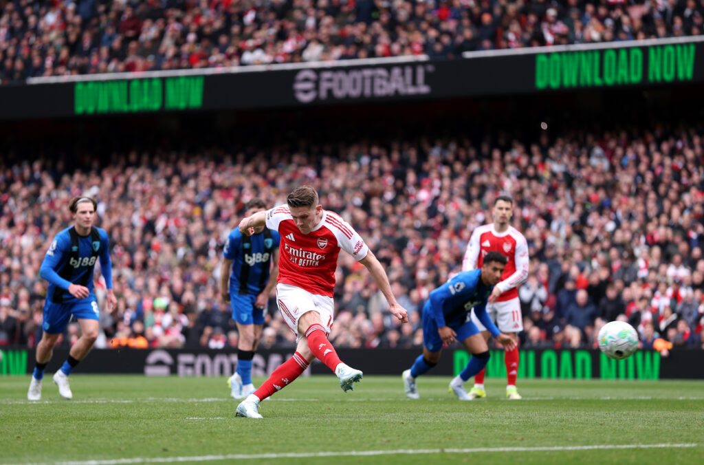 LONDON, ENGLAND - APRIL 11: Viktor Gyoekeres of Arsenal scores his team's first goal from the penalty spot during the Premier League match between Arsenal and Bournemouth at Emirates Stadium on April 11, 2026 in London, England. (Photo by Justin Setterfield/Getty Images)