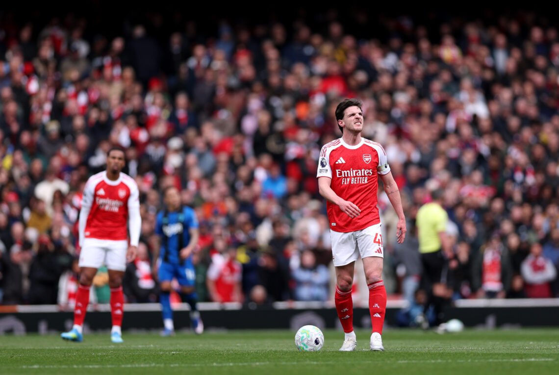 LONDON, ENGLAND - APRIL 11: Declan Rice of Arsenal reacts after his team concedes a goal during the Premier League match between Arsenal and Bourne...