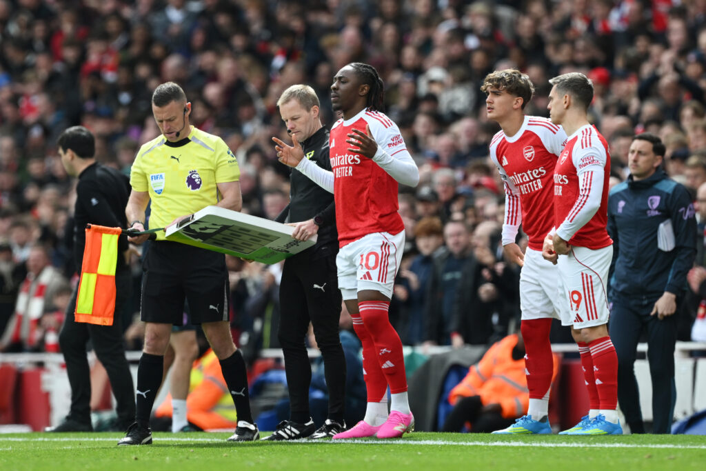 Arteta responds to claims Arsenal players are tired 3 LONDON, ENGLAND - APRIL 11: Eberechi Eze, Max Dowman and Leandro Trossard of Arsenal prepare to be substituted on during the Premier League match between Arsenal and Bournemouth at Emirates Stadium on April 11, 2026 in London, England. (Photo by Shaun Botterill/Getty Images)