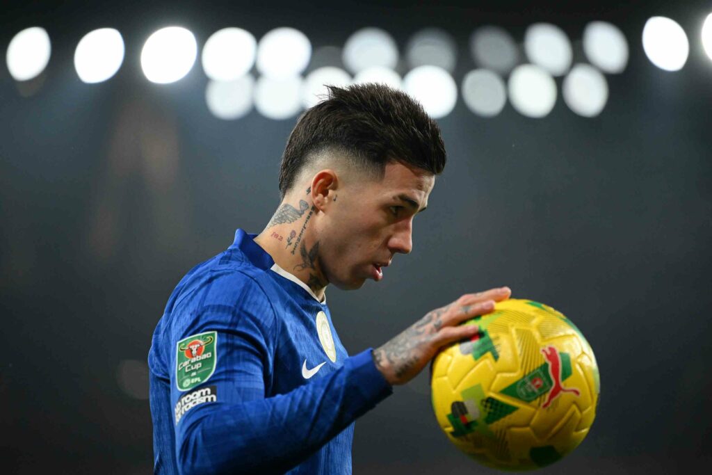 LONDON, ENGLAND - FEBRUARY 03: Enzo Fernandez of Chelsea in action during the Carabao Cup Semi Final Second Leg match between Arsenal and Chelsea at Emirates Stadium on February 03, 2026 in London, England. (Photo by Clive Mason/Getty Images)