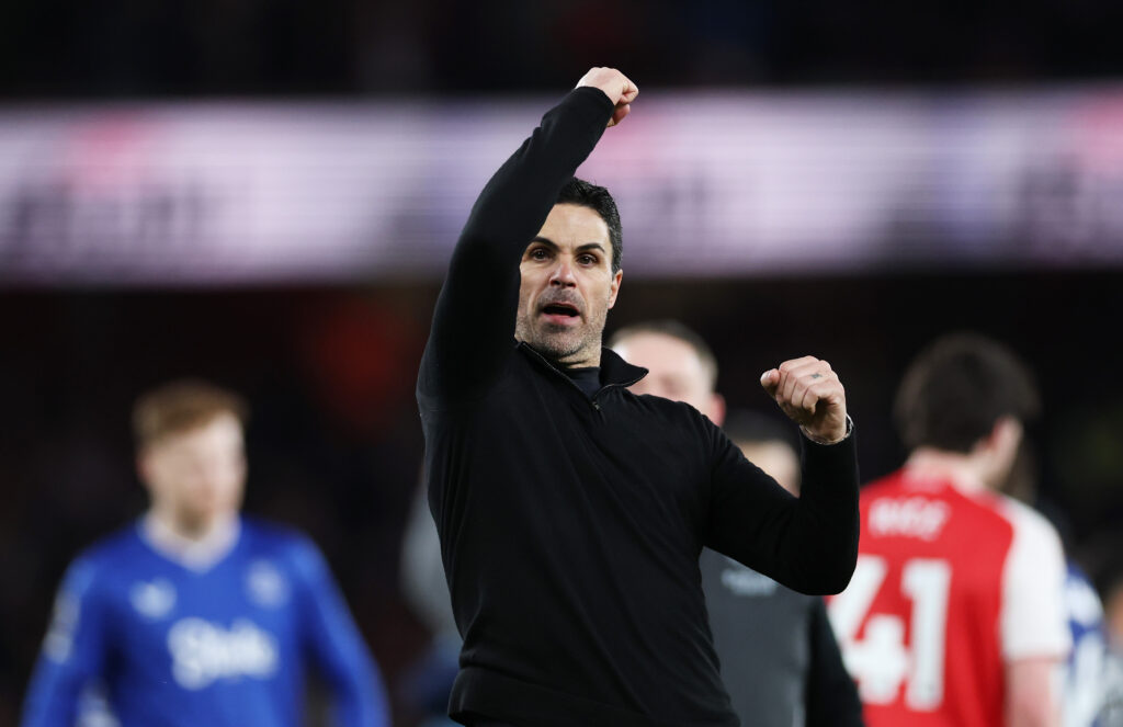 LONDON, ENGLAND - MARCH 14: Mikel Arteta, Manager of Arsenal, celebrates following the team's victory in the Premier League match between Arsenal and Everton at Emirates Stadium on March 14, 2026 in London, England. (Photo by Justin Setterfield/Getty Images)