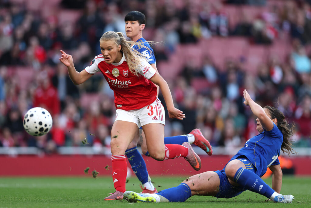 LONDON, ENGLAND - APRIL 29: Smilla Holmberg of Arsenal scores her team's second goal ahead of Julie Thibaud of Leicester City during the Barclays Women's Super League match between Arsenal and Leicester City at Emirates Stadium on April 29, 2026 in London, England. (Photo by Alex Pantling/Getty Images)