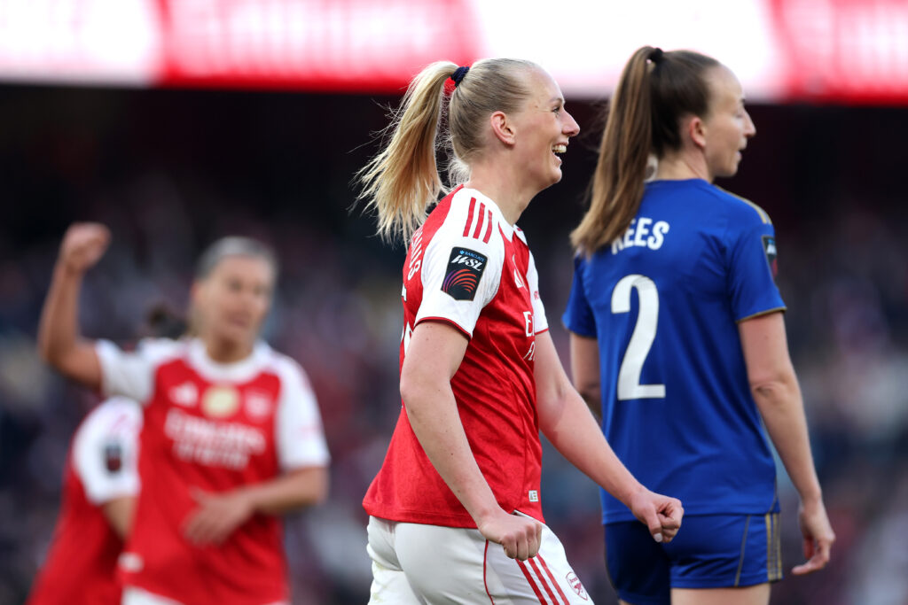 LONDON, ENGLAND - APRIL 29: Stina Blackstenius of Arsenal celebrates scoring her team's third goal during the Barclays Women's Super League match between Arsenal and Leicester City at Emirates Stadium on April 29, 2026 in London, England. (Photo by Alex Pantling/Getty Images)