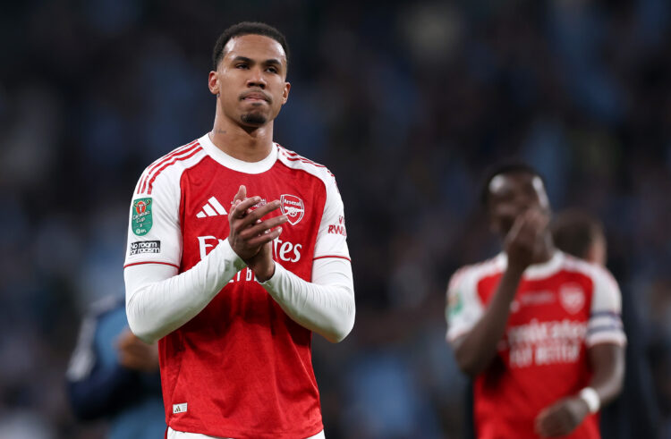 LONDON, ENGLAND - MARCH 22: Gabriel of Arsenal applauds the fans after the team's defeat in the Carabao Cup Final match between Arsenal and Manches...