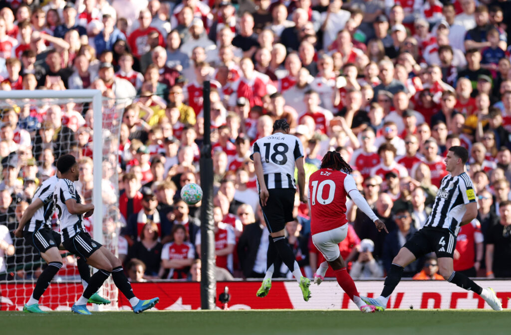 Ebere Eze curls one into the top corner against Newcastle in front of a sun drenched Arsenal crowd
