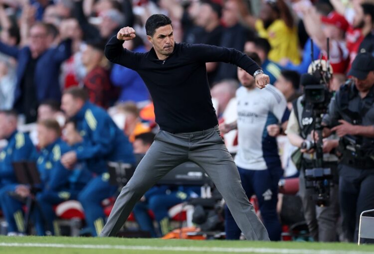 Mikel Arteta, Manager of Arsenal, celebrates victory at full time during the Premier League match between Arsenal and Newcastle United at Emirates ...