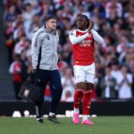 Eberechi Eze of Arsenal applauds the fans as he is substituted during the Premier League match between Arsenal and Newcastle United at Emirates Stadium on April 25, 2026 in London, England. (Photo by Richard Heathcote/Getty Images)
