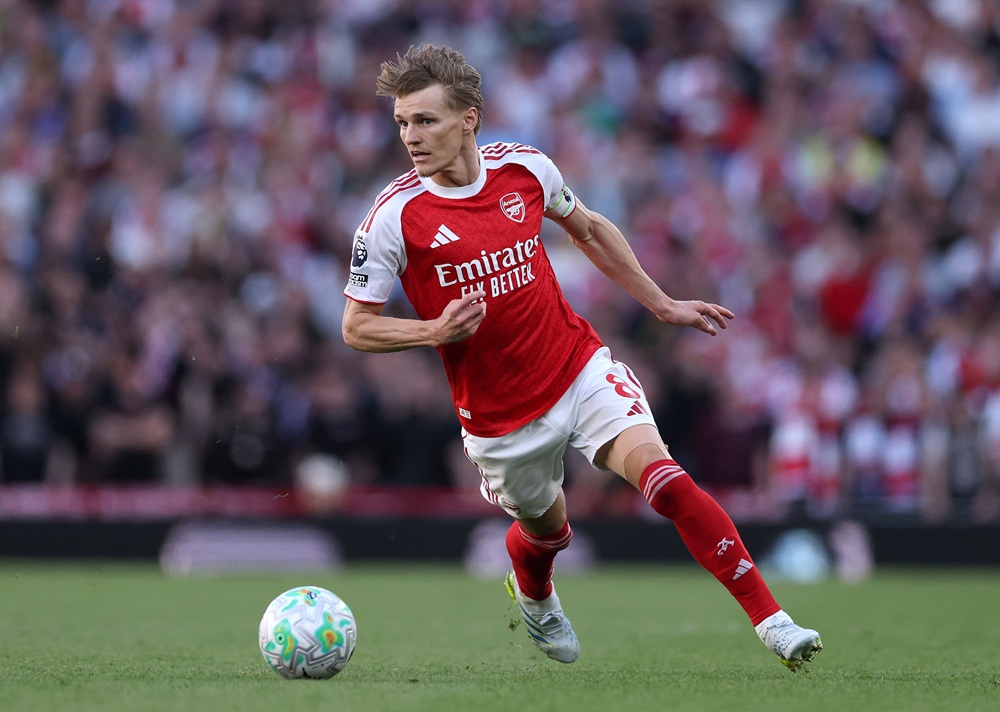 Martin Ødegaard of Arsenal in action during the Premier League match between Arsenal and Newcastle United at Emirates Stadium on April 25, 2026 in London, England. (Photo by Richard Heathcote/Getty Images)