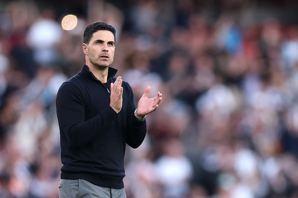 Mikel Arteta, Manager of Arsenal, applauds the fans after the Premier League match between Arsenal and Newcastle United at Emirates Stadium on April 25, 2026 in London, England. (Photo by Richard Heathcote/Getty Images)