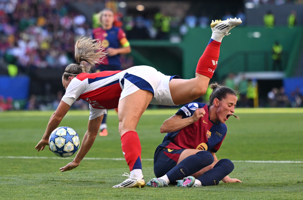 Barcelona defender Ona Batlle slides in to tackle an Arsenal Women's Katie McCabe in the Champions League final, ahead of completing her summer transfer to Arsenal.