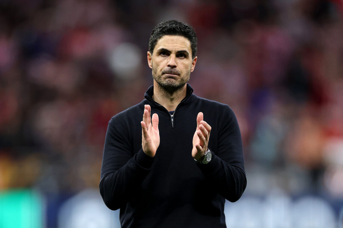 Mikel Arteta applauds the Arsenal fans after their 1-1 draw with Atletico on the Champions League semi final first leg