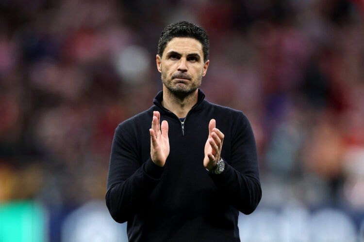 Mikel Arteta applauds the Arsenal fans after their 1-1 draw with Atletico on the Champions League semi final first leg