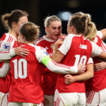LONDON, ENGLAND - APRIL 01: Stina Blackstenius of Arsenal celebrates with teammates after scoring a goal which is later disallowed due to offside following a VAR review during the UEFA Women's Champions League 2025/26 Quarter-finals Second Leg match between Chelsea and Arsenal at Stamford Bridge on April 01, 2026 in London, England. (Photo by Warren Little/Getty Images)
