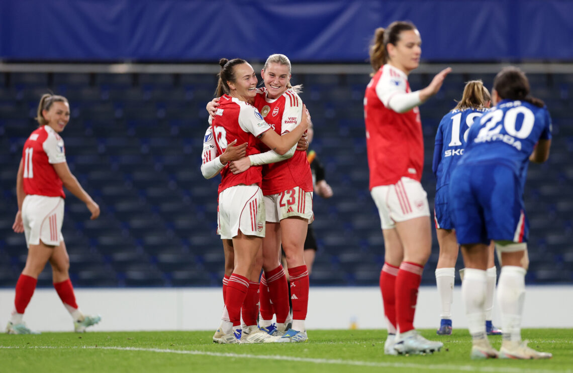 LONDON, ENGLAND - APRIL 01: Caitlin Foord of Arsenal celebrates with teammate Alessia Russo after winning 2-3 on aggregate following a 1-0 defeat i...